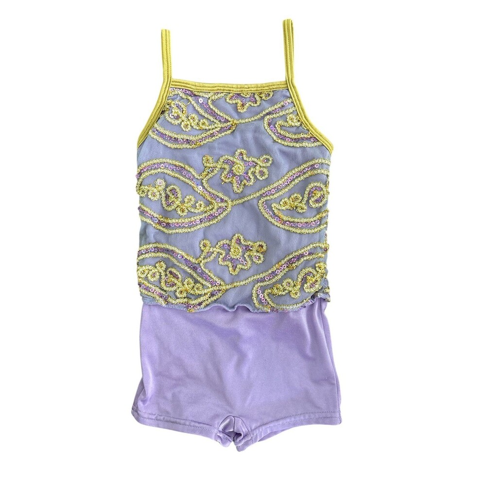 Girls Purple and Gold Sequin Leotard Shorts Adjustable Straps Size‎ Child XS